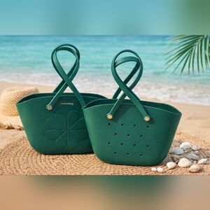 Lemonking Green Rubber Tote Bag Floral Embossed Waterproof Beach Pool New